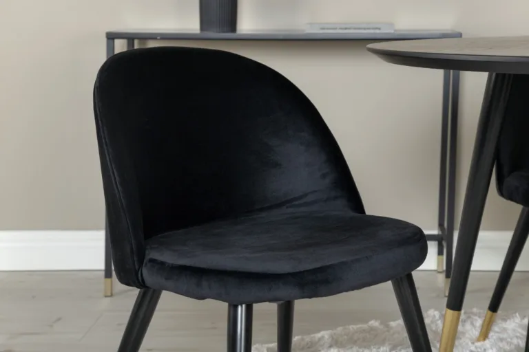 Ümmargune söögilauakomplekt Dipp musta vineeri ja samettoolidega, kuldsed detailid, Ø115 cm - GR989