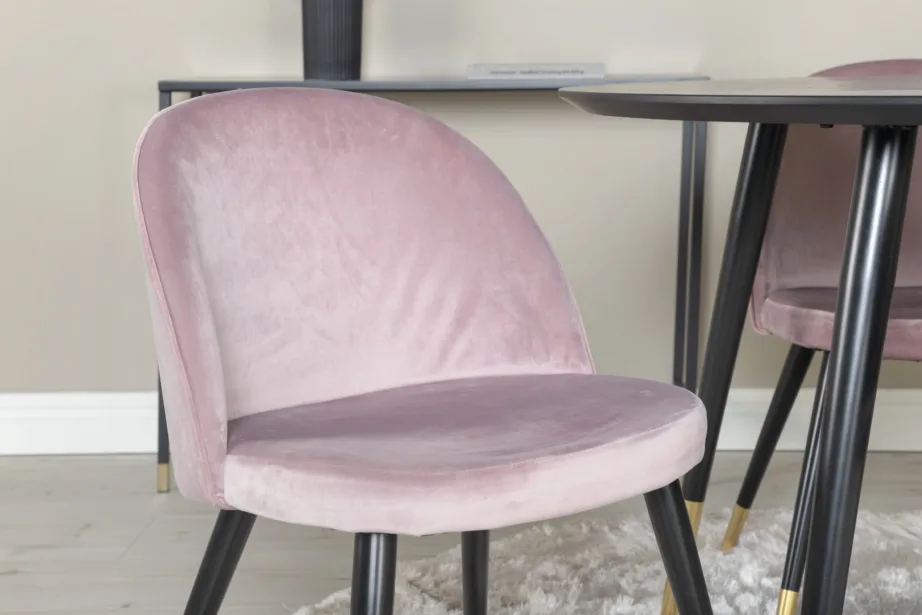 Ümmargune söögilaua ja tolmuroosade samettoolide komplekt Dipp, must lauaplaat, kuldsete detailidega (4 tk), GR990 – 4