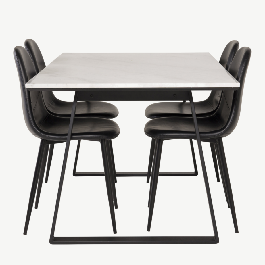 Ristkülikukujuline valge marmorlauaga söögikomplekt Estelle (4 musta PU-tooliga, must metall), GR997 – 2