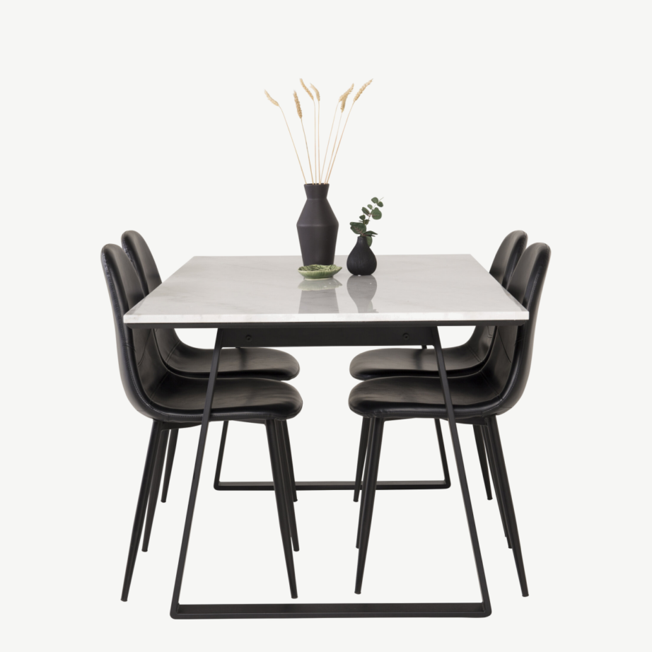 Ristkülikukujuline valge marmorlauaga söögikomplekt Estelle (4 musta PU-tooliga, must metall), GR997 – 3