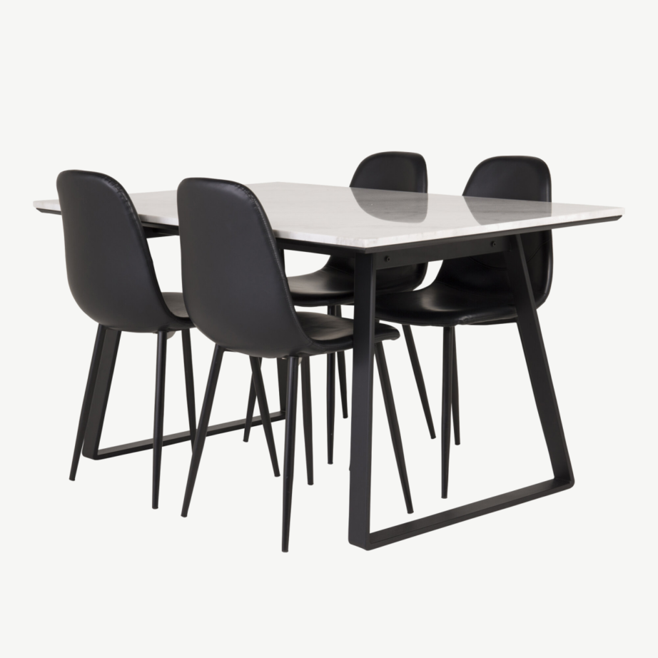 Ristkülikukujuline valge marmorlauaga söögikomplekt Estelle (4 musta PU-tooliga, must metall), GR997 – 4