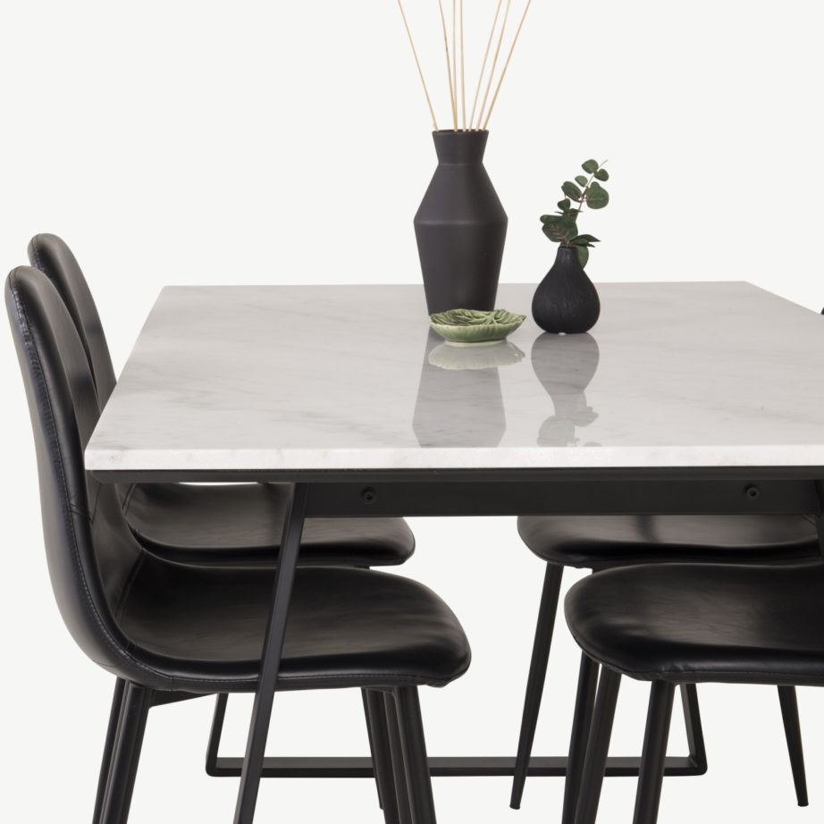 Ristkülikukujuline valge marmorlauaga söögikomplekt Estelle (4 musta PU-tooliga, must metall), GR997 – 5
