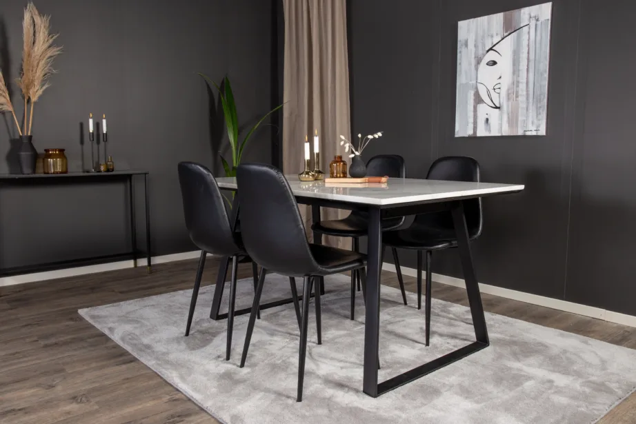 Ristkülikukujuline valge marmorlauaga söögikomplekt Estelle (4 musta PU-tooliga, must metall), GR997 – 7