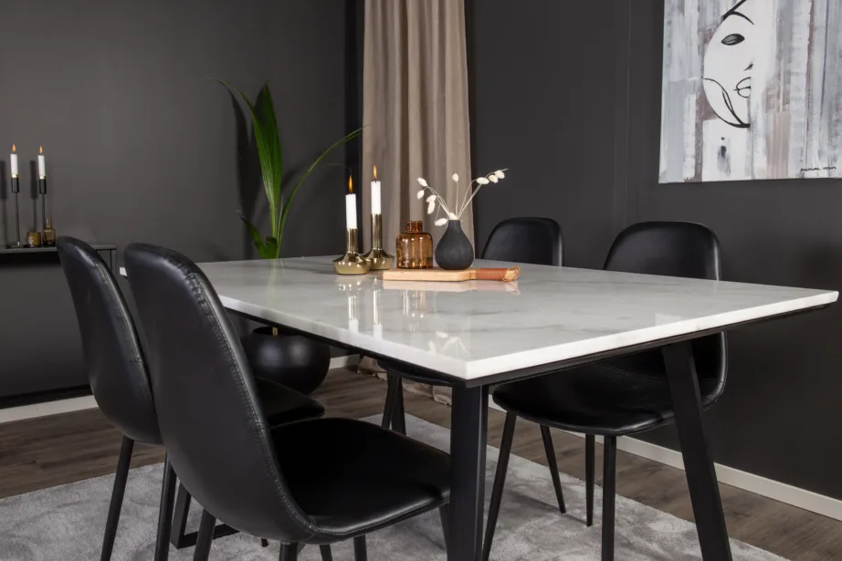Ristkülikukujuline valge marmorlauaga söögikomplekt Estelle (4 musta PU-tooliga, must metall), GR997 – 9