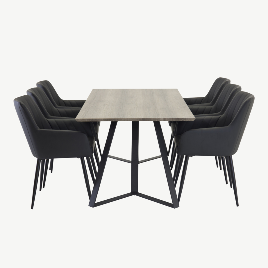 Hall ristkülikukujuline söögilaud Marina ja mustad Comfort toolid (180×90 cm, metallraam) - GR24047