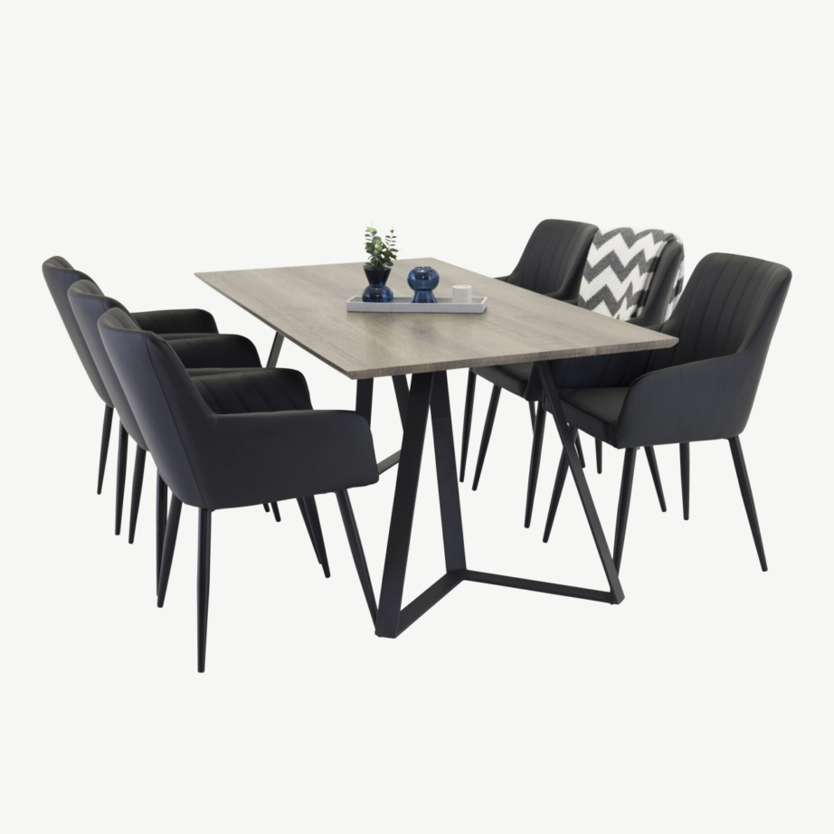 Hall ristkülikukujuline söögilaud Marina ja mustad Comfort toolid (180×90 cm, metallraam) - GR24047