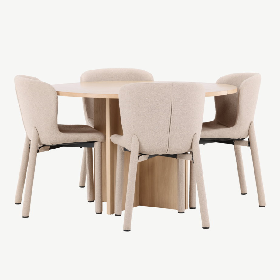 Hele ümmargune pikendatav söögilauakomplekt Strada lauaga ja 4 beeži buklee tooliga (Astoria), GR24745 – 2