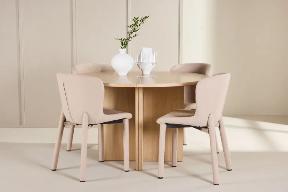 Hele ümmargune pikendatav söögilauakomplekt Strada lauaga ja 4 beeži buklee tooliga (Astoria), GR24745 – 8