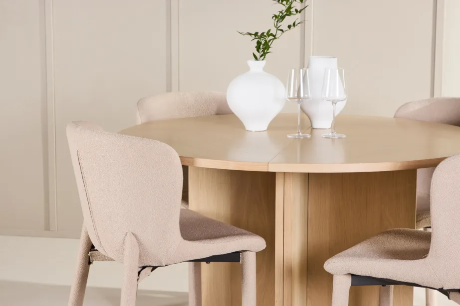 Hele ümmargune pikendatav söögilauakomplekt Strada lauaga ja 4 beeži buklee tooliga (Astoria), GR24745 – 9
