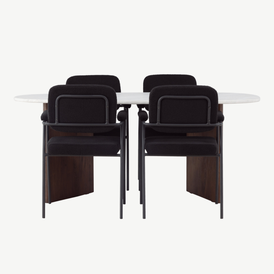 Helehall ovaalne söögilaud Grönvik ja mustad buklee-kangaga toolid Yesterday, GR23490 – 2