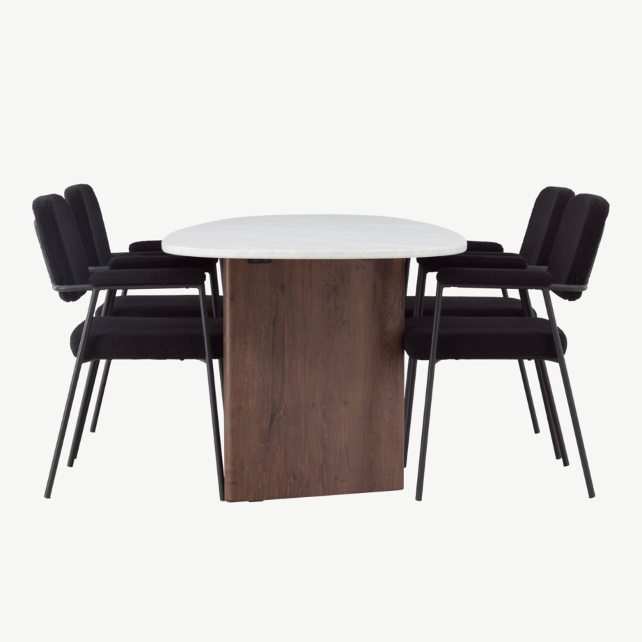 Helehall ovaalne söögilaud Grönvik ja mustad buklee-kangaga toolid Yesterday, GR23490 – 3