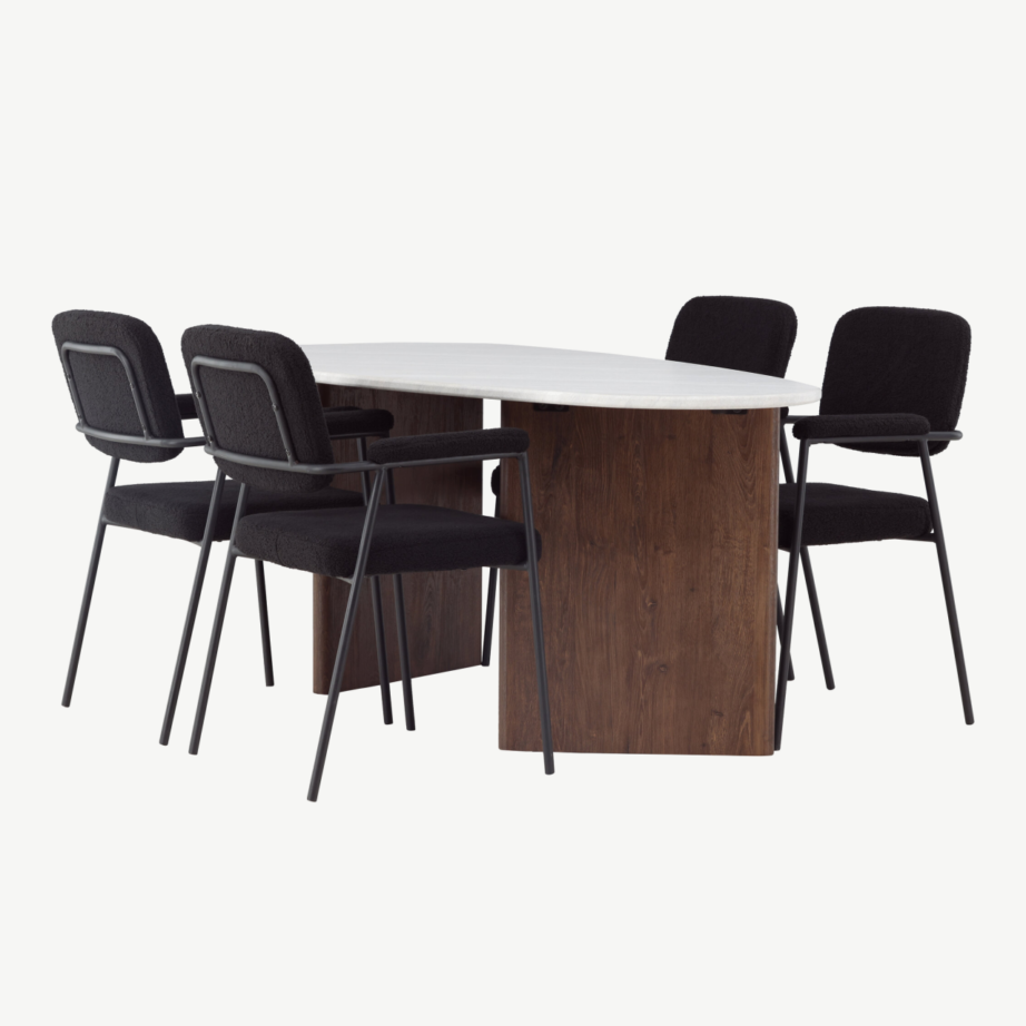 Helehall ovaalne söögilaud Grönvik ja mustad buklee-kangaga toolid Yesterday, GR23490 – 4