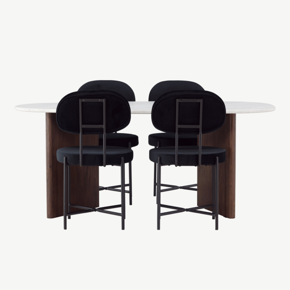 Helehall ovaalne söögilaud Grönvik ja mustast velvetist söögitool Stella, GR23491 – 2