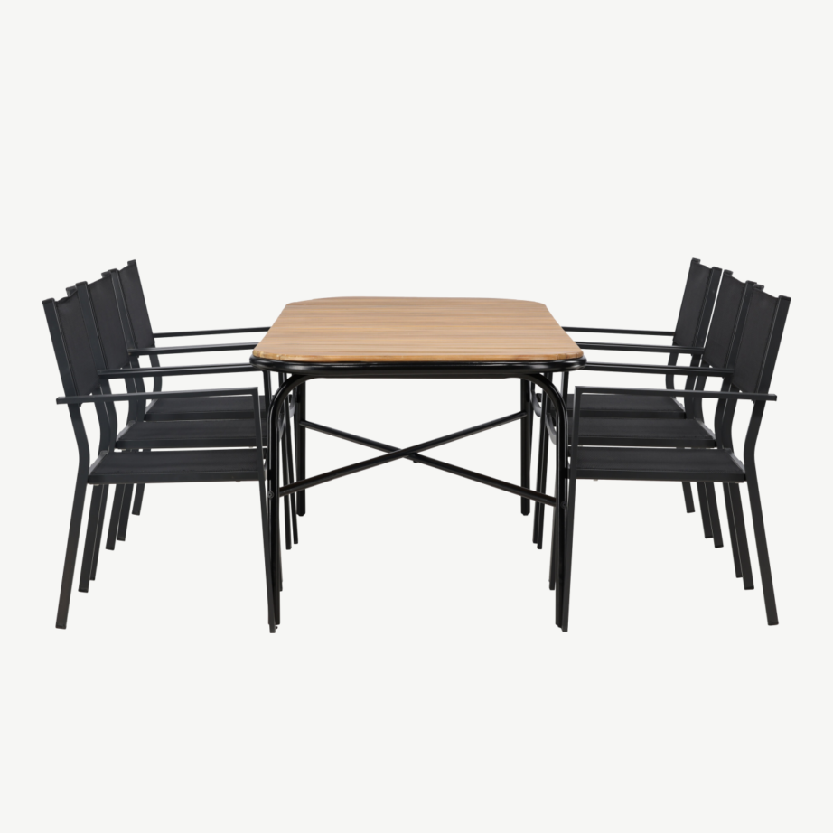 Holmbeck ristkülikukujuline aiamööbli komplekt, akaatsiapuit ja mustad virnastatavad toolid, GR23394 – 2