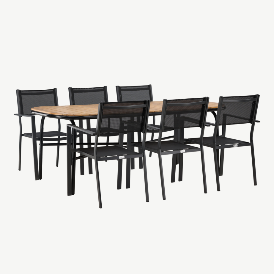 Holmbeck ristkülikukujuline aiamööbli komplekt, akaatsiapuit ja mustad virnastatavad toolid, GR23394 – 4