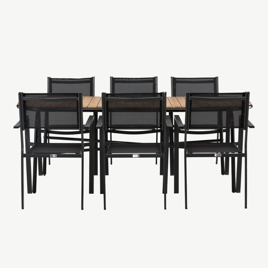 Holmbeck ristkülikukujuline aiamööbli komplekt, akaatsiapuit ja mustad virnastatavad toolid, GR23394 – 5