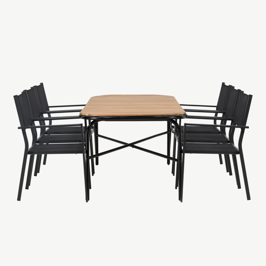 Holmbeck ristkülikukujuline aiamööbli komplekt, akaatsiapuit ja mustad virnastatavad toolid, GR23394 – 7