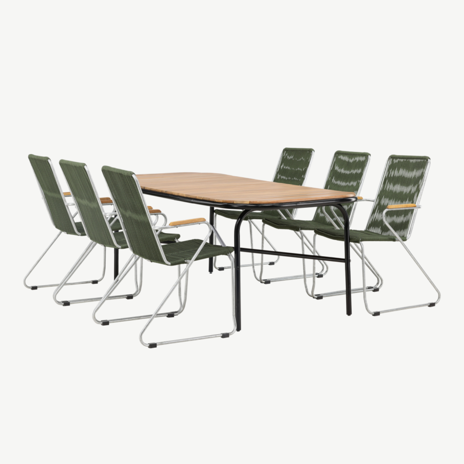 Holmbeck ristkülikukujuline aiamööblikomplekt akaatsiapuidust lauaga ja rohelist värvi köiest toolidega, GR23392 – 6
