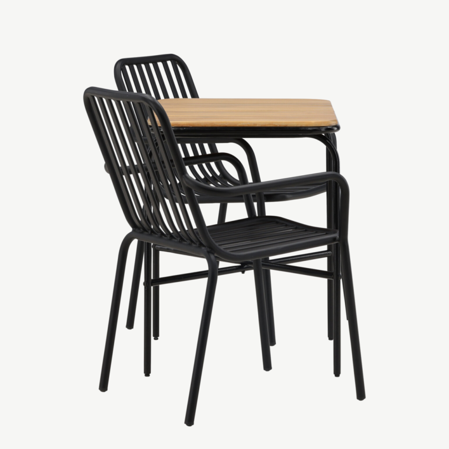 Holmbeck ristkülikukujuline terrassimööbli komplekt (akaatsiapuit, must teras, 1 laud ja 2 alumiiniumtooli), GR23383 – 2