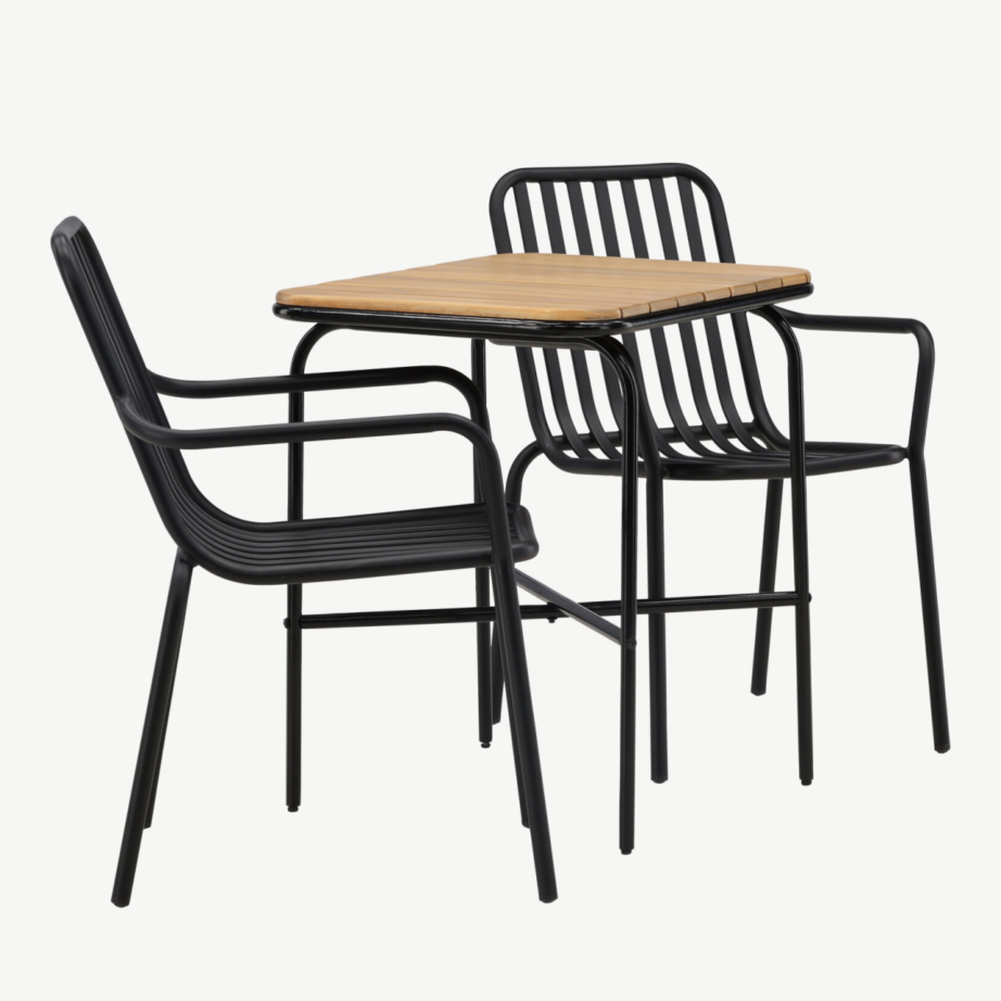 Holmbeck ristkülikukujuline terrassimööbli komplekt (akaatsiapuit, must teras, 1 laud ja 2 alumiiniumtooli), GR23383 – 3