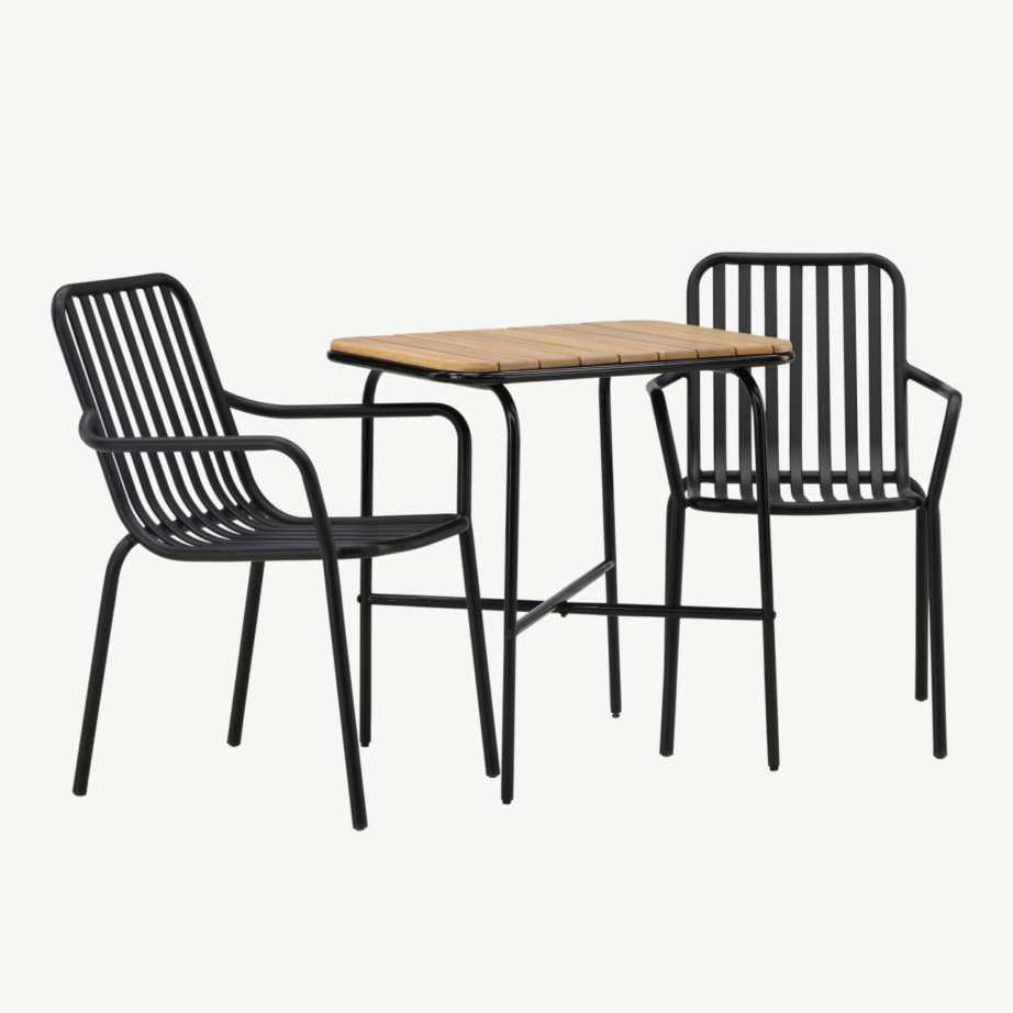 Holmbeck ristkülikukujuline terrassimööbli komplekt (akaatsiapuit, must teras, 1 laud ja 2 alumiiniumtooli), GR23383 – 4