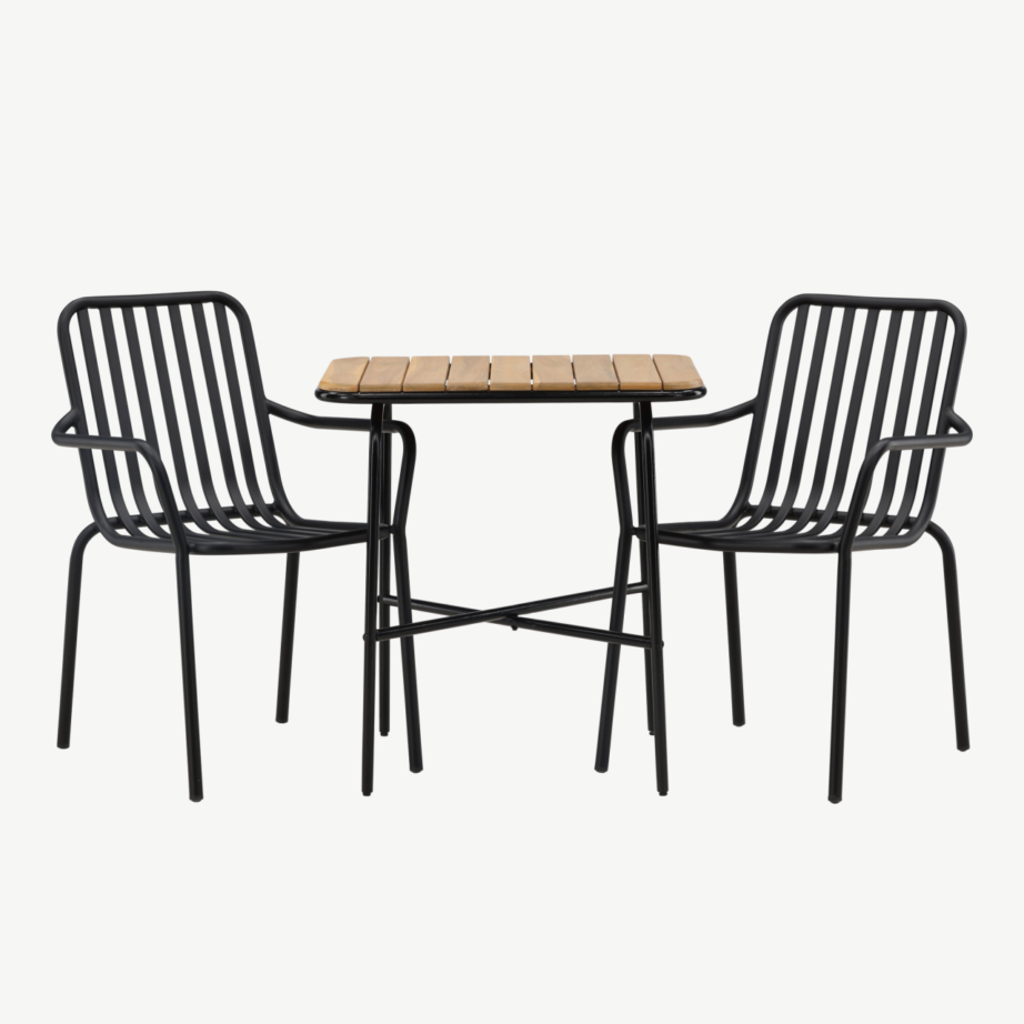 Holmbeck ristkülikukujuline terrassimööbli komplekt (akaatsiapuit, must teras, 1 laud ja 2 alumiiniumtooli), GR23383 – 5