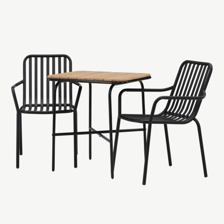 Holmbeck ristkülikukujuline terrassimööbli komplekt (akaatsiapuit, must teras, 1 laud ja 2 alumiiniumtooli) - GR23383