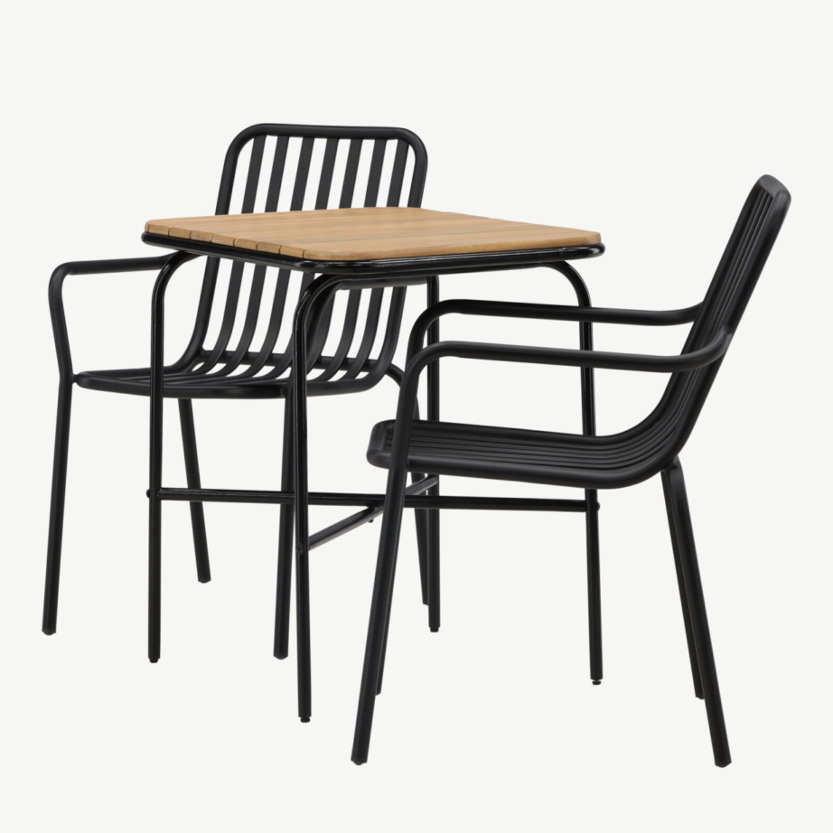 Holmbeck ristkülikukujuline terrassimööbli komplekt (akaatsiapuit, must teras, 1 laud ja 2 alumiiniumtooli), GR23383 – 6