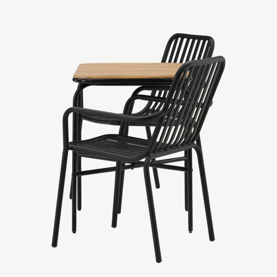 Holmbeck ristkülikukujuline terrassimööbli komplekt (akaatsiapuit, must teras, 1 laud ja 2 alumiiniumtooli), GR23383 – 7