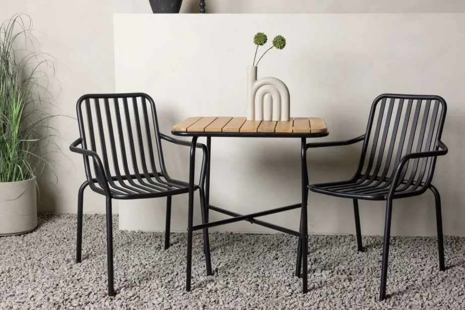 Holmbeck ristkülikukujuline terrassimööbli komplekt (akaatsiapuit, must teras, 1 laud ja 2 alumiiniumtooli), GR23383 – 8