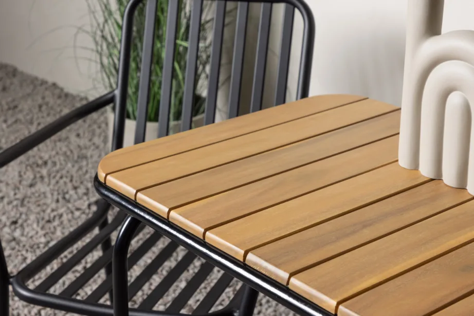 Holmbeck ristkülikukujuline terrassimööbli komplekt (akaatsiapuit, must teras, 1 laud ja 2 alumiiniumtooli), GR23383 – 10