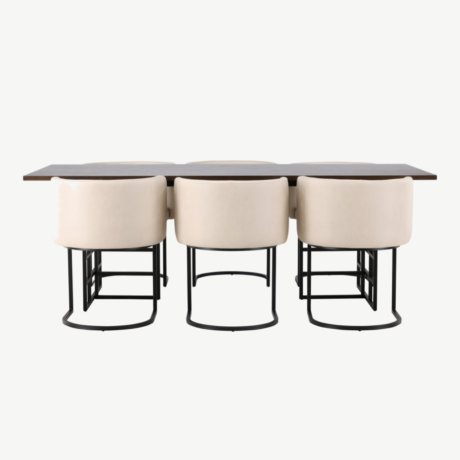 Industriaalstiilis söögilaud Ystad koos beežide polsterdatud toolidega Simrishamn (220×100 cm), GR23757 – 2