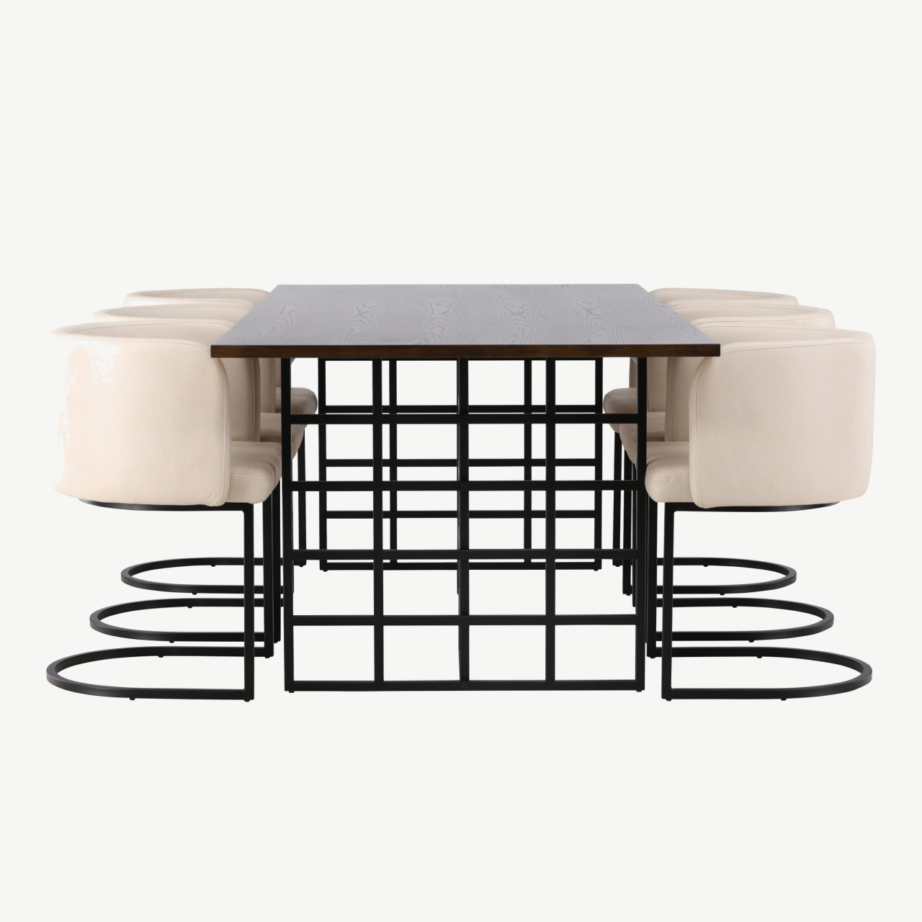 Industriaalstiilis söögilaud Ystad koos beežide polsterdatud toolidega Simrishamn (220×100 cm), GR23757 – 3