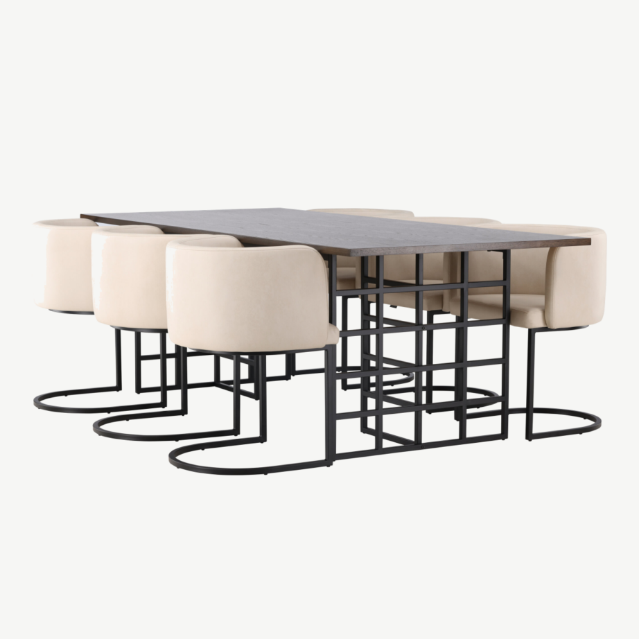 Industriaalstiilis söögilaud Ystad koos beežide polsterdatud toolidega Simrishamn (220×100 cm), GR23757 – 4