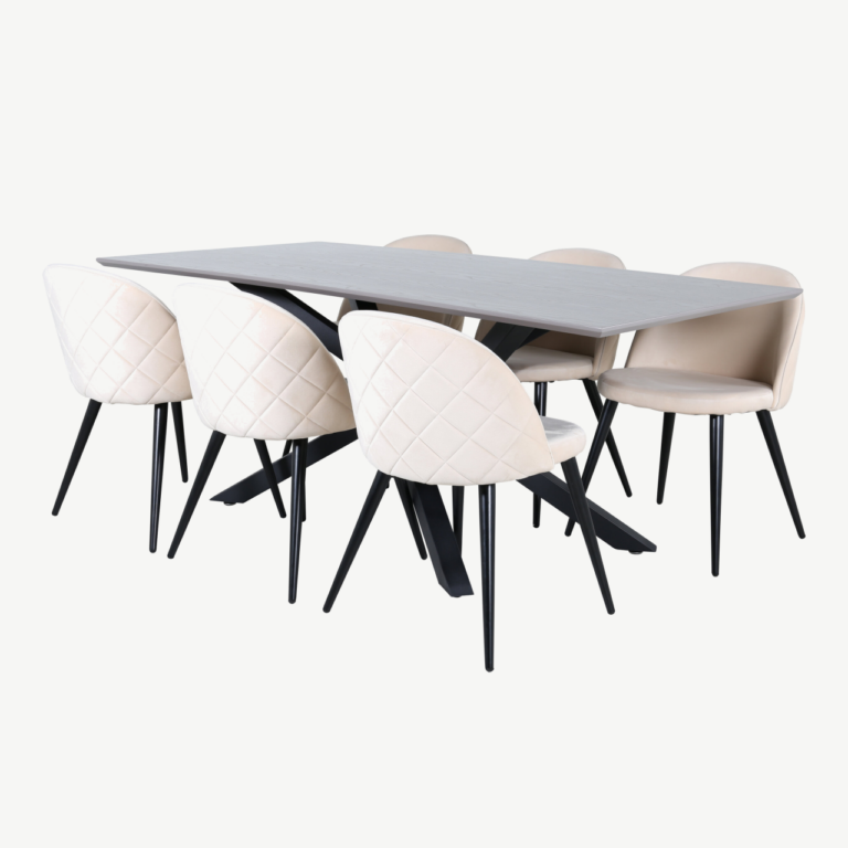 Kaasaegne söögilauakomplekt Piazza (tumehall MDF, must metall, 6 beeži velvetkattega tooli) - GR22516
