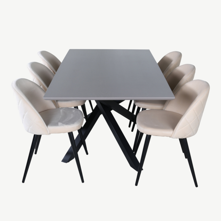 Kaasaegne söögilauakomplekt Piazza (tumehall MDF, must metall, 6 beeži velvetkattega tooli) - GR22516
