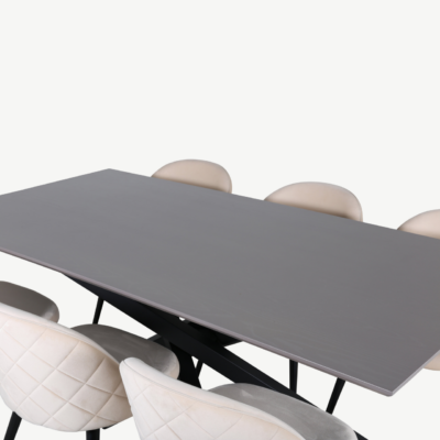 Kaasaegne söögilauakomplekt Piazza (tumehall MDF, must metall, 6 beeži velvetkattega tooli) - GR22516