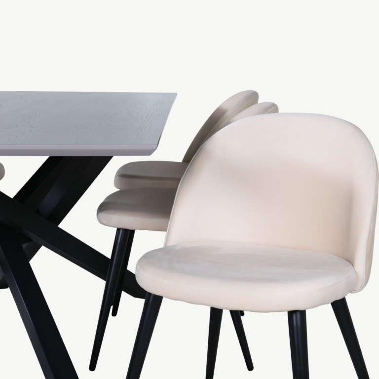 Kaasaegne söögilauakomplekt Piazza (tumehall MDF, must metall, 6 beeži velvetkattega tooli) - GR22516