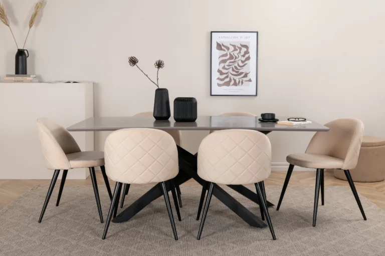 Kaasaegne söögilauakomplekt Piazza (tumehall MDF, must metall, 6 beeži velvetkattega tooli) - GR22516