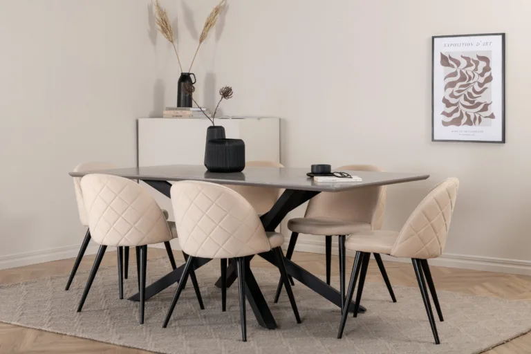 Kaasaegne söögilauakomplekt Piazza (tumehall MDF, must metall, 6 beeži velvetkattega tooli) - GR22516