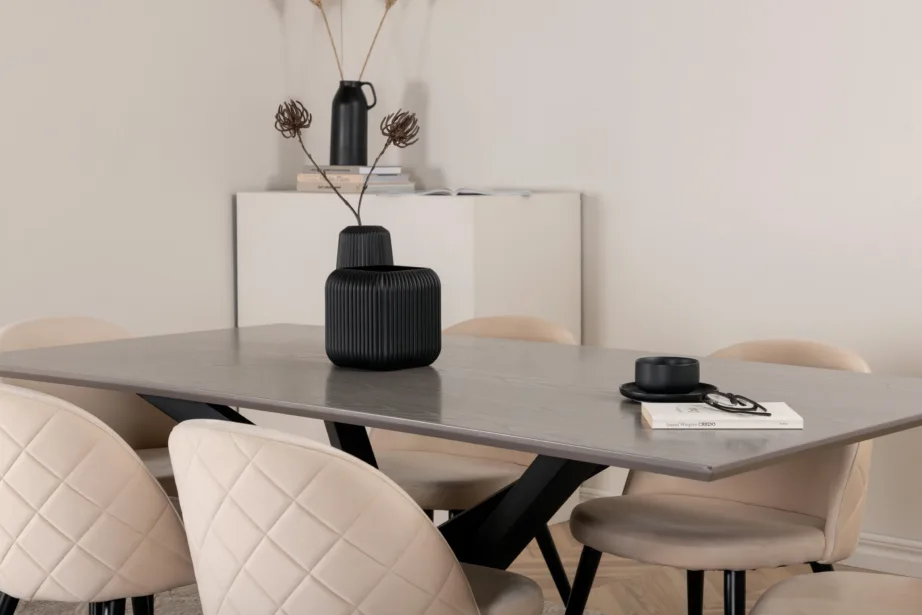 Kaasaegne söögilauakomplekt Piazza (tumehall MDF, must metall, 6 beeži velvetkattega tooli), GR22516 – 7