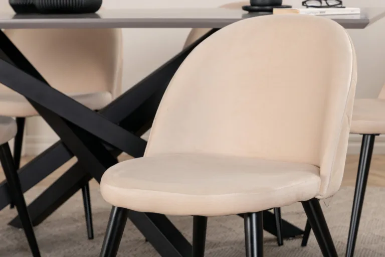 Kaasaegne söögilauakomplekt Piazza (tumehall MDF, must metall, 6 beeži velvetkattega tooli) - GR22516