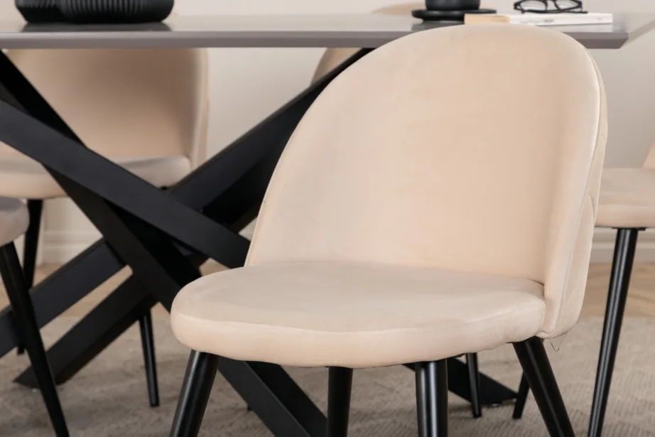 Kaasaegne söögilauakomplekt Piazza (tumehall MDF, must metall, 6 beeži velvetkattega tooli), GR22516 – 9