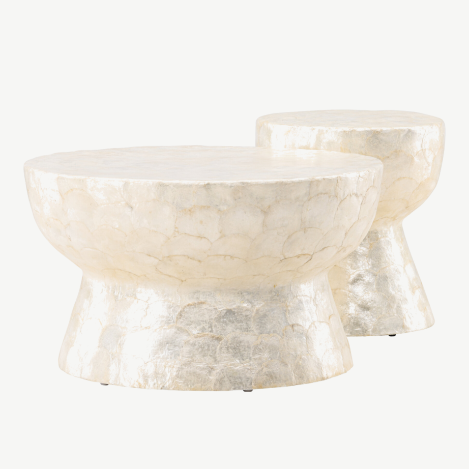 Kaheosaline capiz-diivanilaudade komplekt: helehall Sandön laud ø70 cm ja ø40 cm, GR24621 – 2