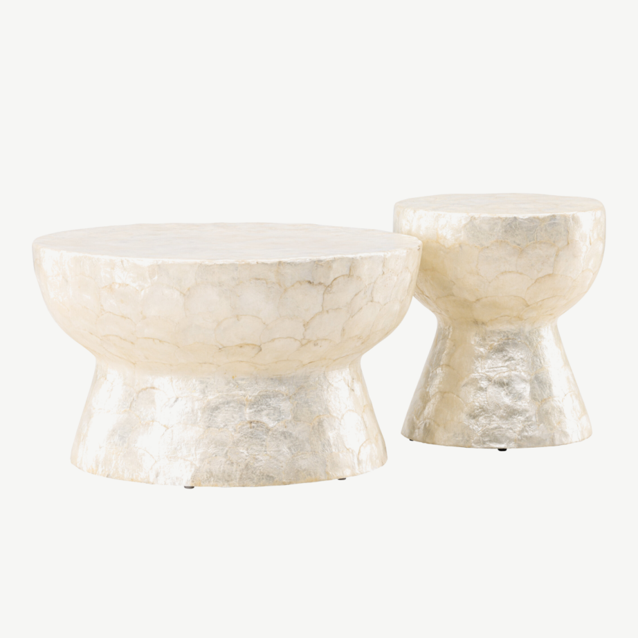 Kaheosaline capiz-diivanilaudade komplekt: helehall Sandön laud ø70 cm ja ø40 cm, GR24621 – 3