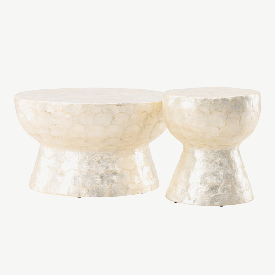 Kaheosaline capiz-diivanilaudade komplekt: helehall Sandön laud ø70 cm ja ø40 cm, GR24621 – 5