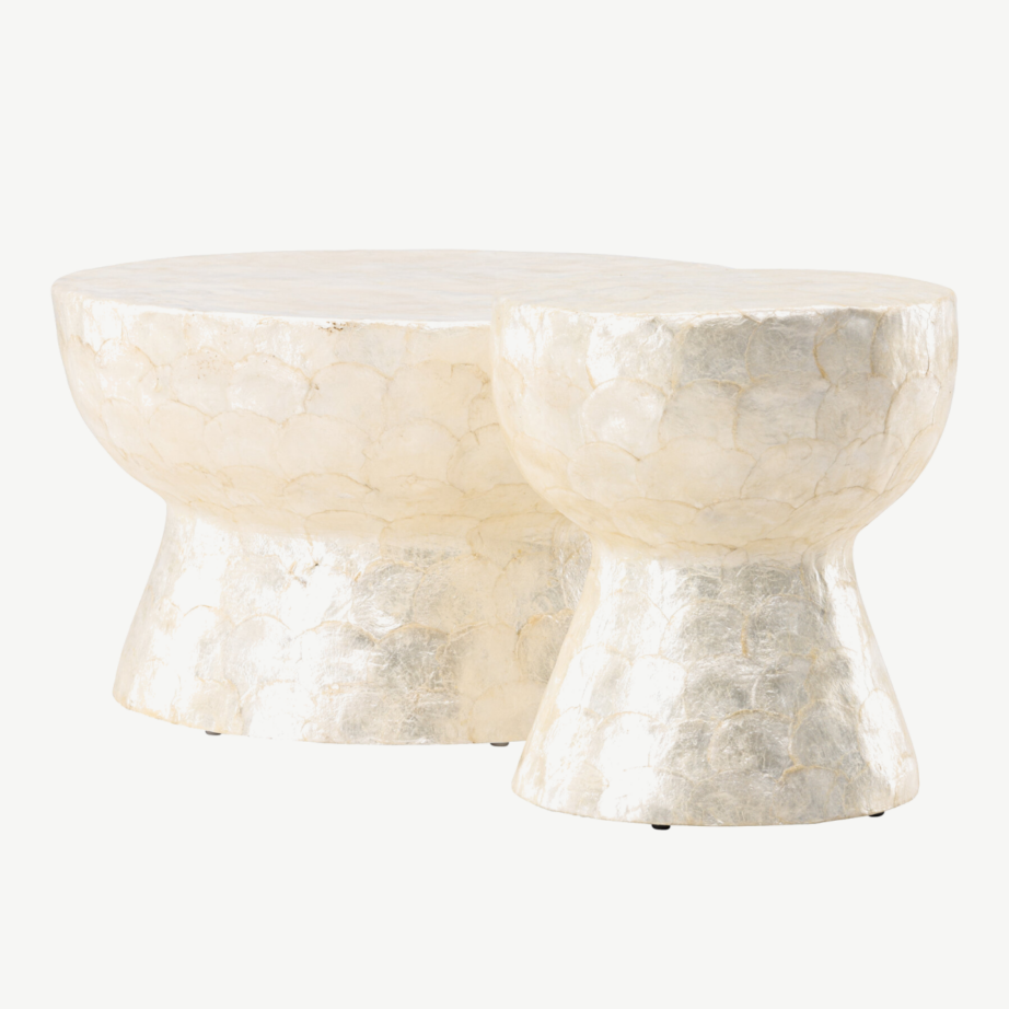 Kaheosaline capiz-diivanilaudade komplekt: helehall Sandön laud ø70 cm ja ø40 cm, GR24621 – 6