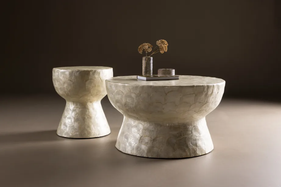 Kaheosaline capiz-diivanilaudade komplekt: helehall Sandön laud ø70 cm ja ø40 cm, GR24621 – 8