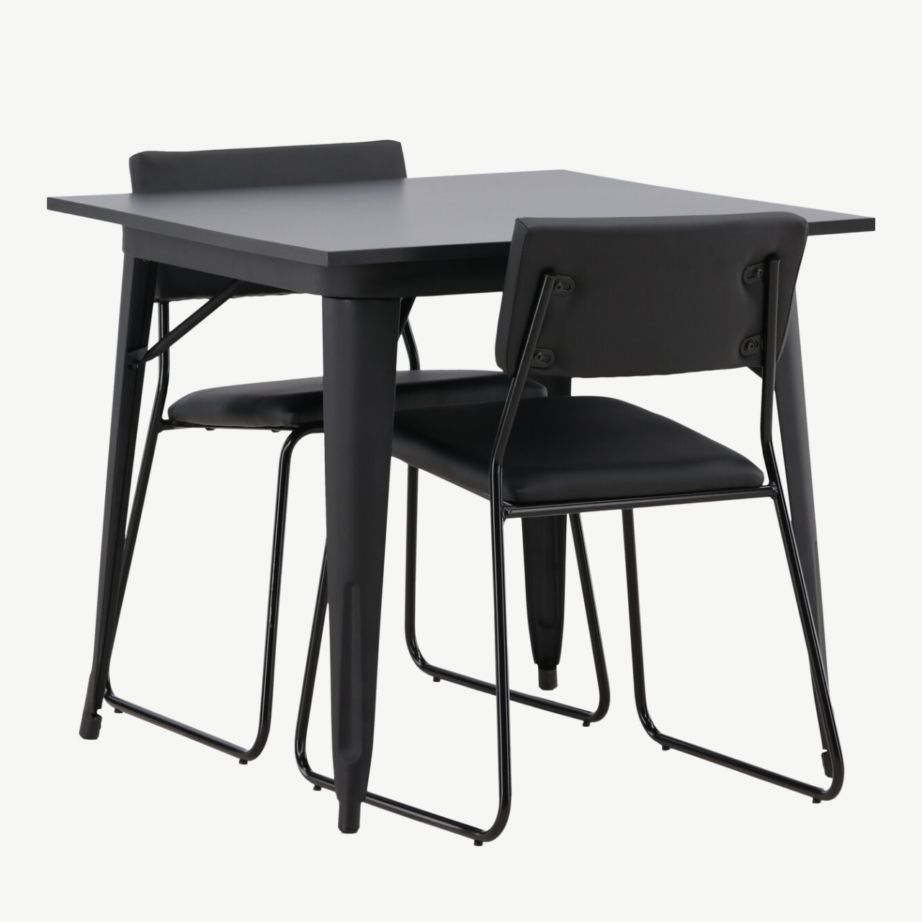 Kandiline söögilaud Tempe (must MDF, metalljalad) ja söögitool Kenth (must PU-nahk, terasraamid), GR22934 – 6