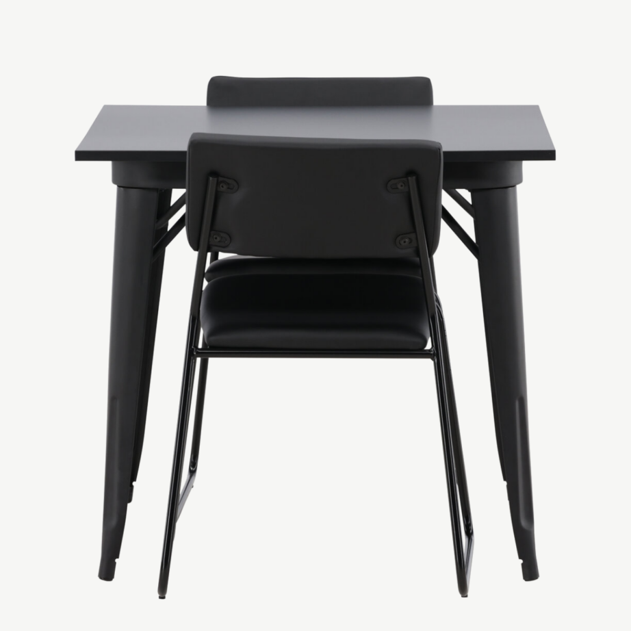 Kandiline söögilaud Tempe (must MDF, metalljalad) ja söögitool Kenth (must PU-nahk, terasraamid), GR22934 – 7